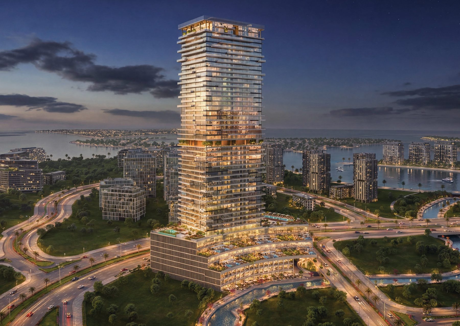 Radiant Terrace at dusk, a slender tower rising from a low curved podium among Al Reem's roads and parks