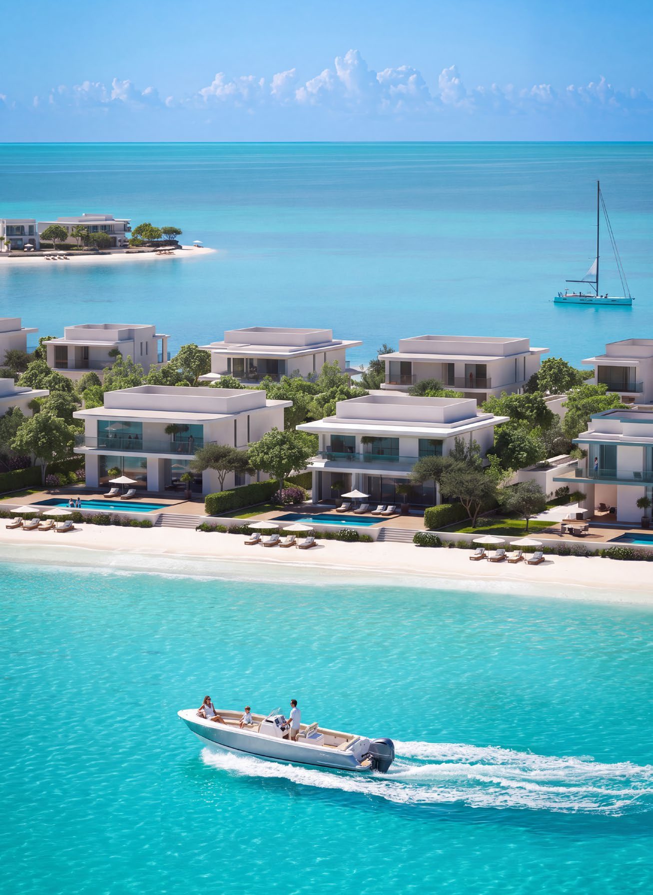 Villas along the beach at Ramhan Island with a boat offshore