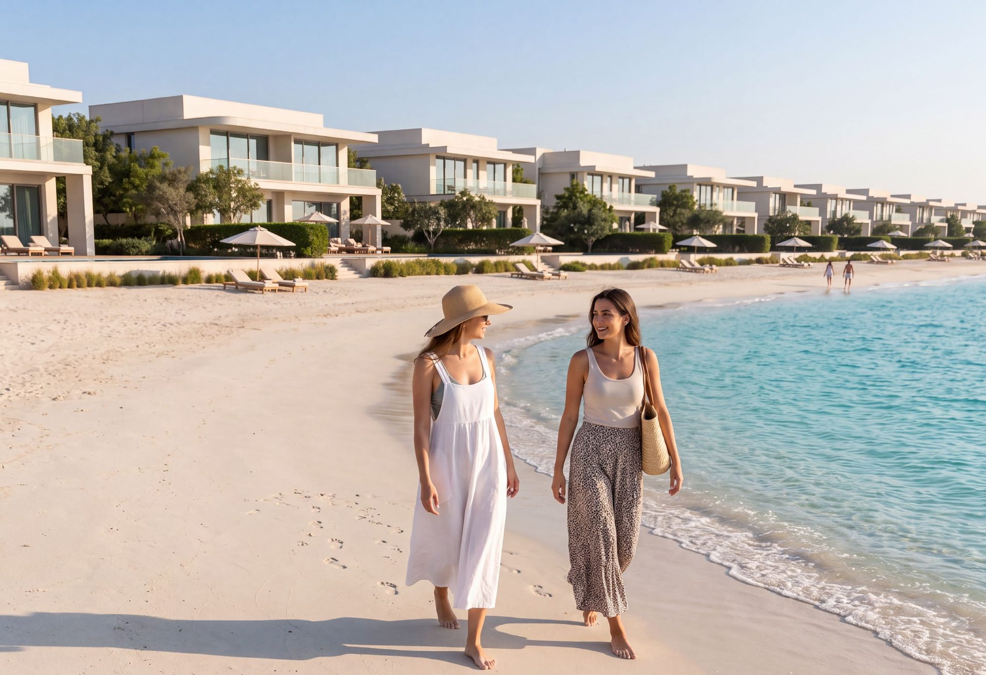 Two people walking along the beach in front of the villas