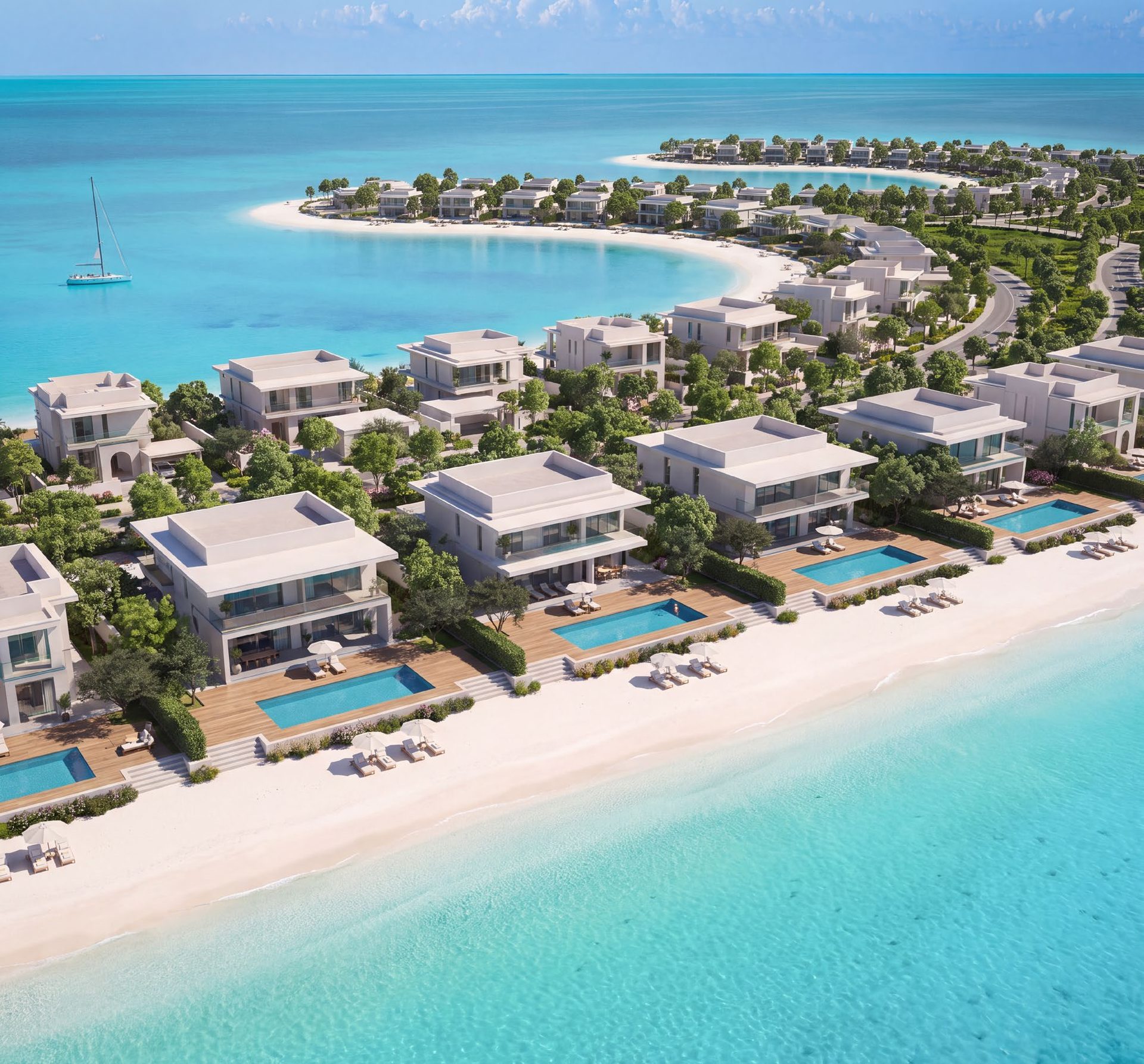Beachfront villas with private pools on Ramhan Island, with a bay and a sailing yacht beyond