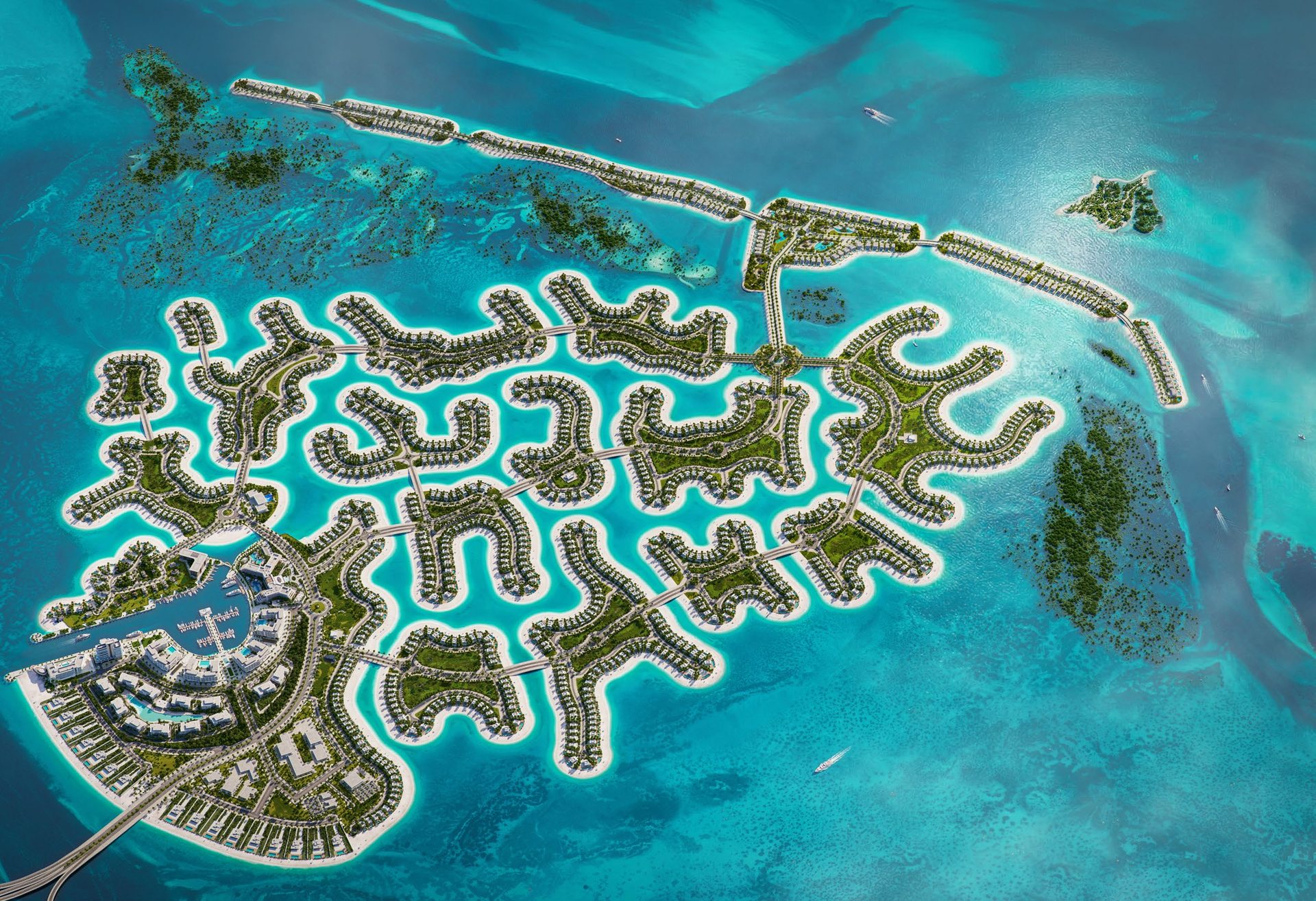 Aerial view of the whole of Ramhan Island, its lagoons and villa fronds