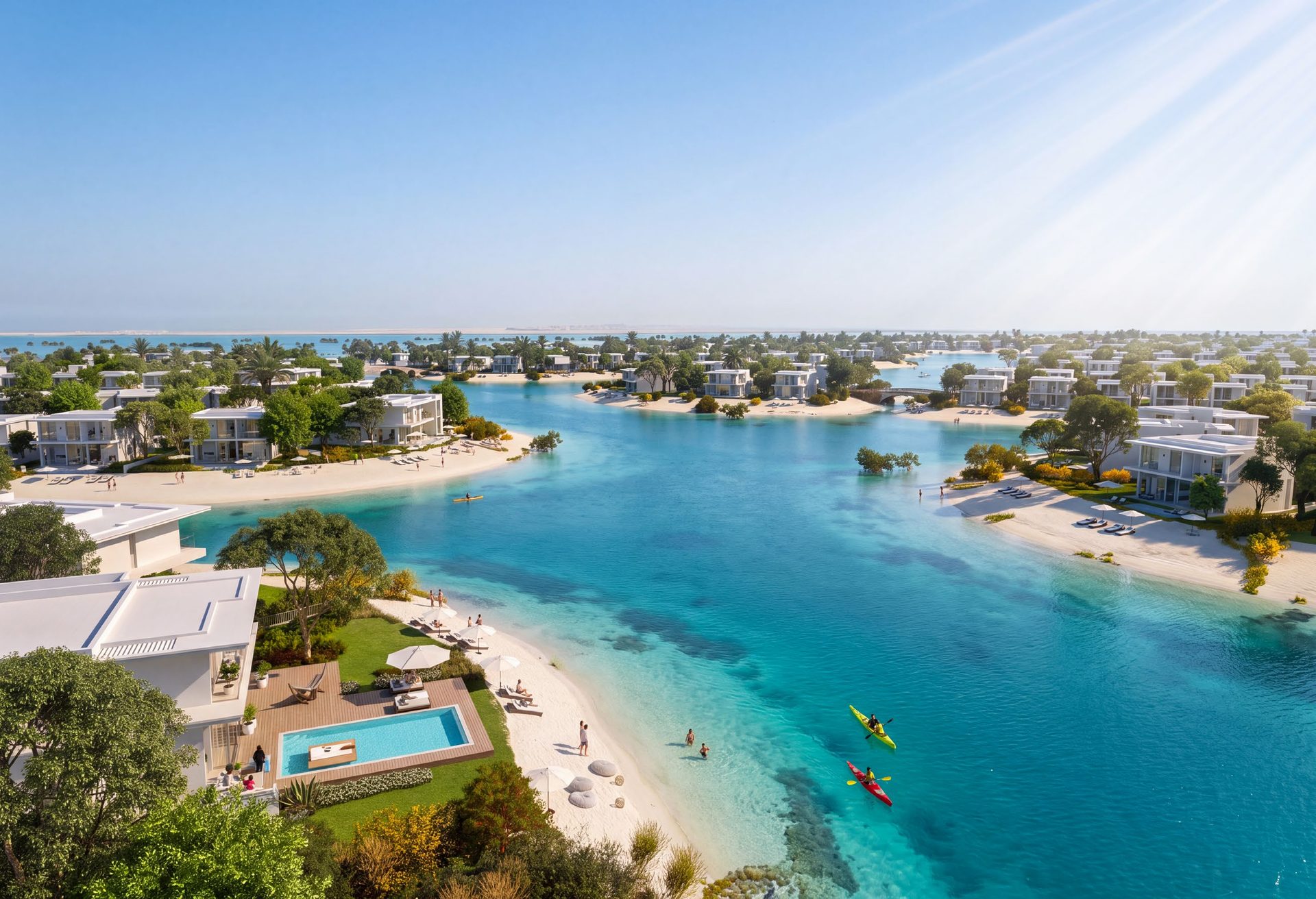A swimmable lagoon between the villa clusters