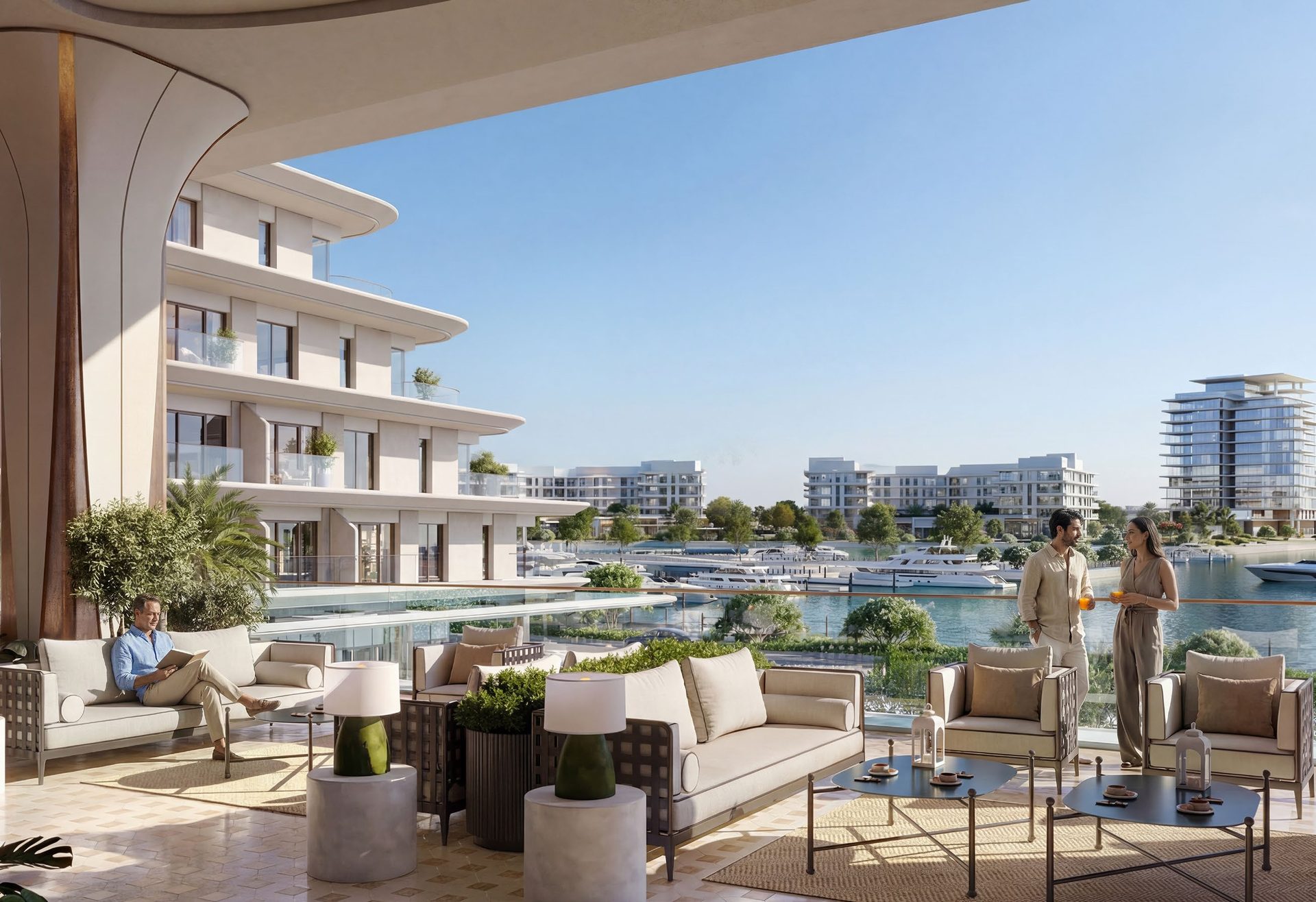 A shaded terrace lounge overlooking the harbour