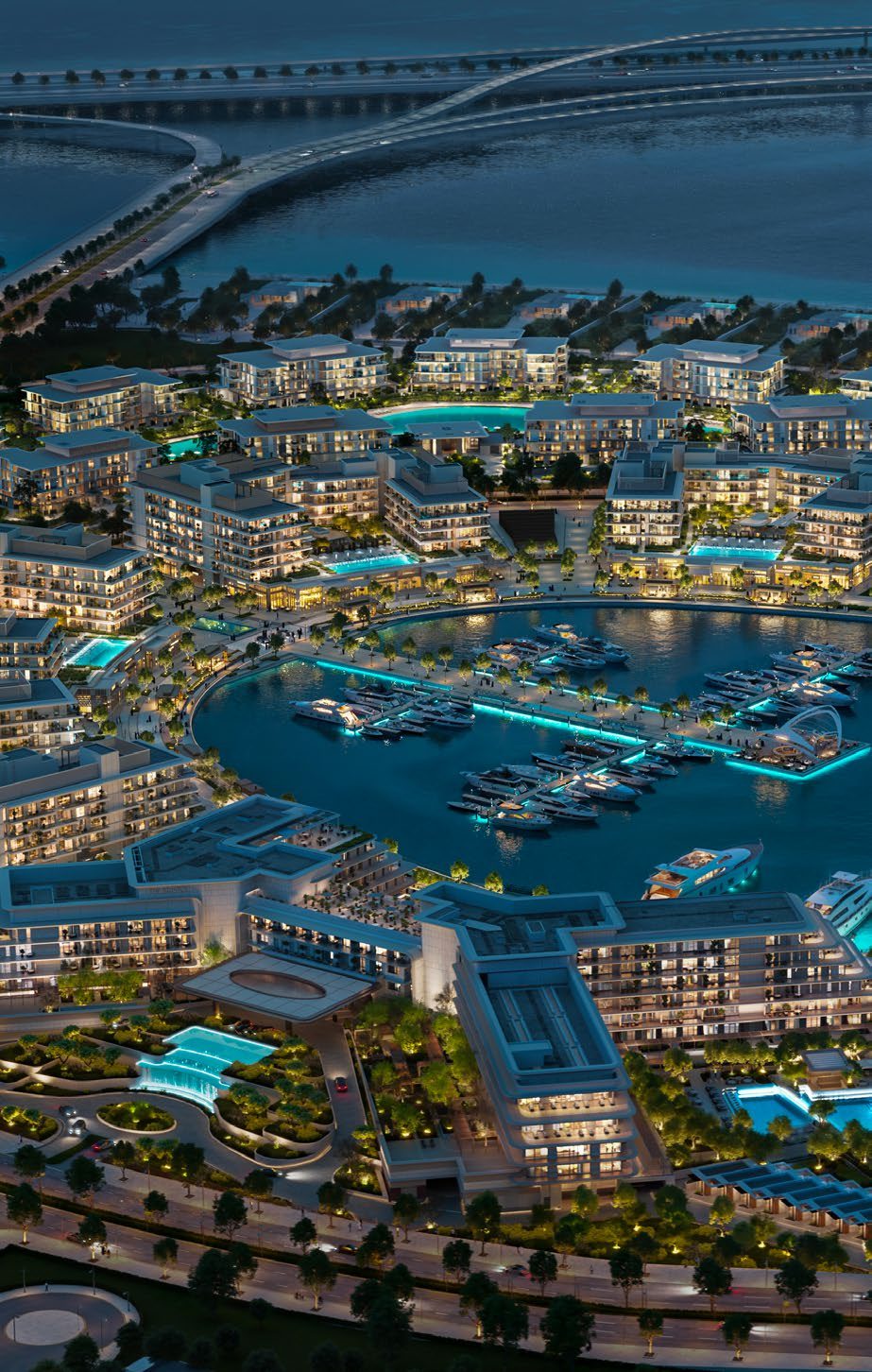 The marina district lit up at night, seen from the air