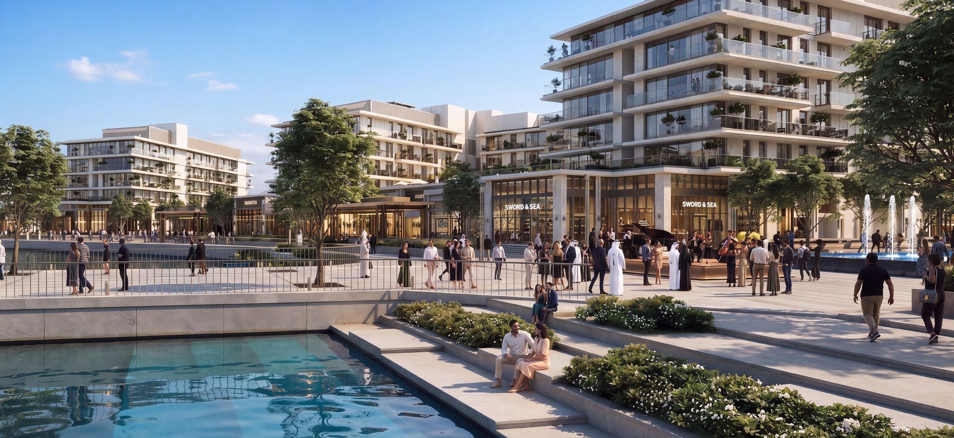 The retail promenade beside the water at Ramhan Island