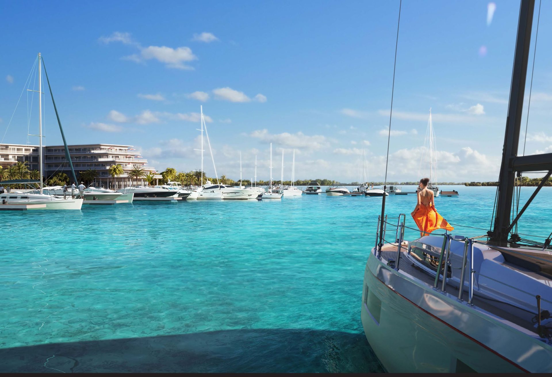 A sailing yacht setting out from the marina at Ramhan Island