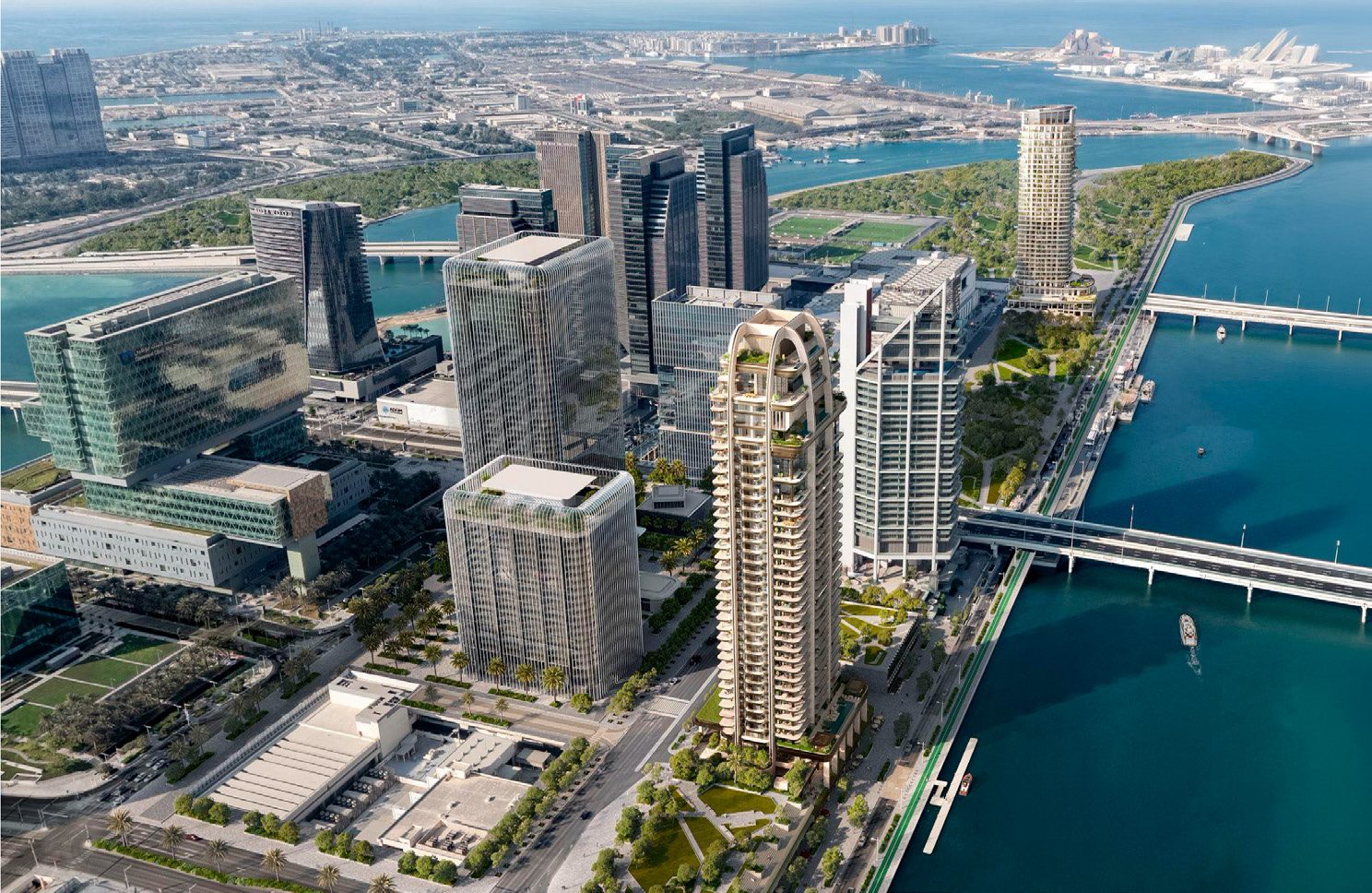 Aerial render of The Ritz-Carlton Residences tower on the Al Maryah Island waterfront, with Al Reem Island and the Abu Dhabi skyline behind