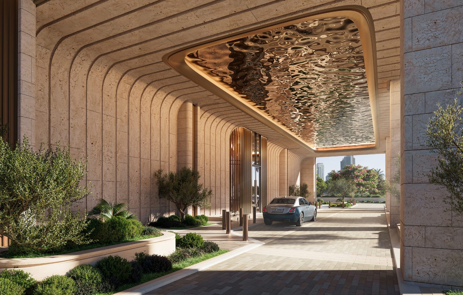The covered drop-off under a sculpted timber canopy, opening onto the city