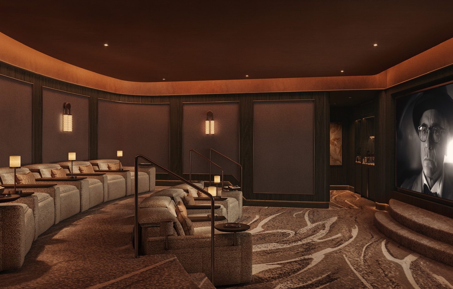 The private cinema with plush tiered seating