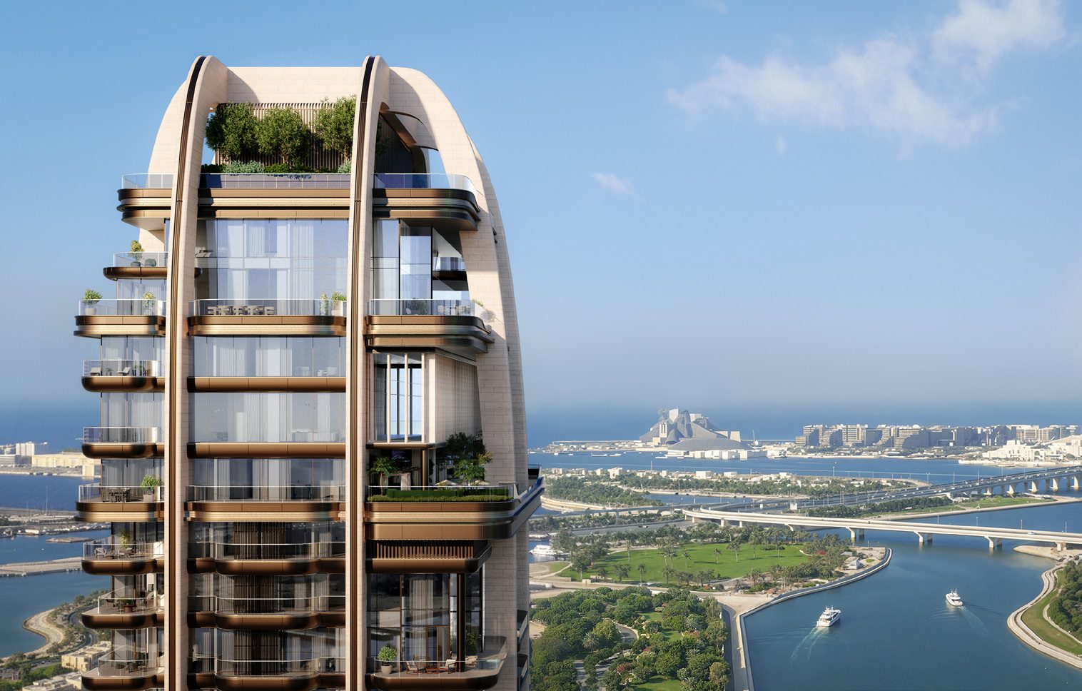 The crown of The Ritz-Carlton Residences tower with landscaped terraces, looking out over the water towards Saadiyat