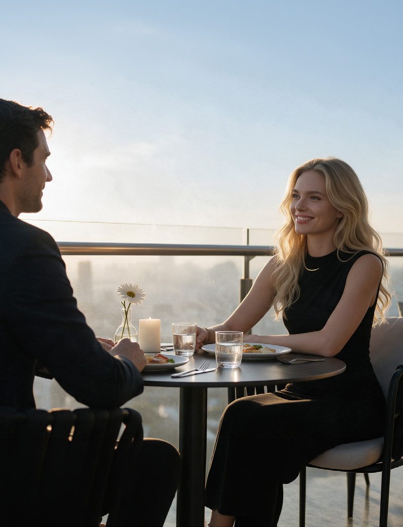 Two residents at dinner on the landscaped outdoor terrace
