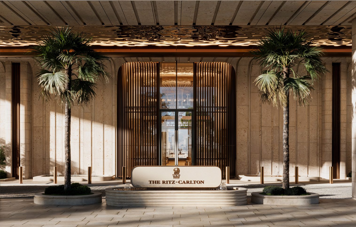 The landscaped entrance court of The Ritz-Carlton Residences with palm trees and a timber-clad facade