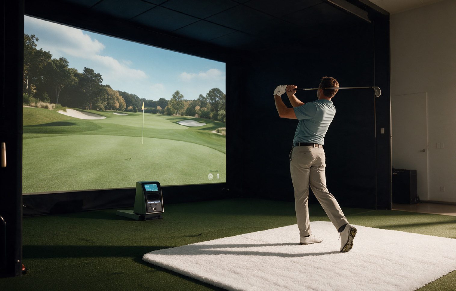A resident practising in the indoor golf simulator lounge