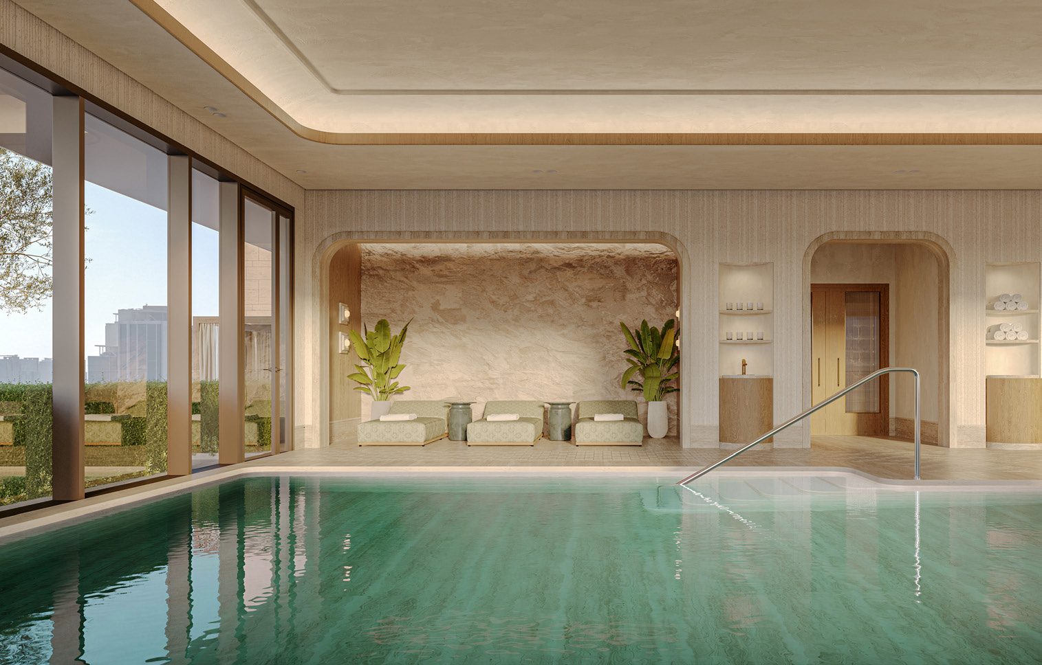 A long indoor swimming pool with garden views
