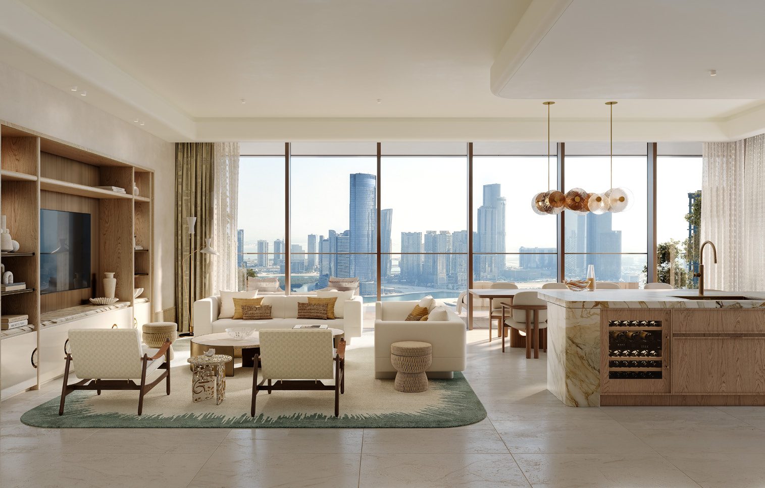 An open kitchen with a large island and a dining table beside floor-to-ceiling windows
