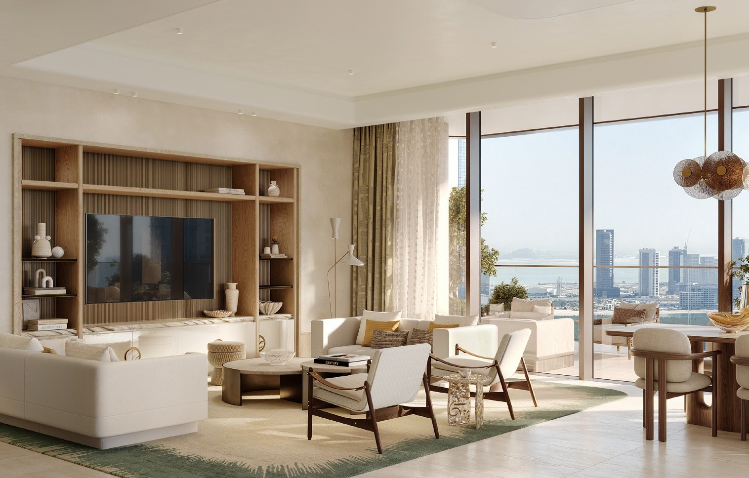 A living room with floor-to-ceiling glazing and a view over the water to the Al Reem Island skyline