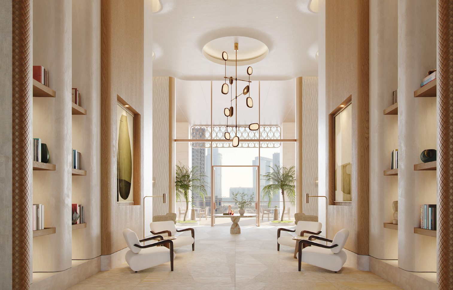 The residential lounge with tall windows, shelving and soft seating