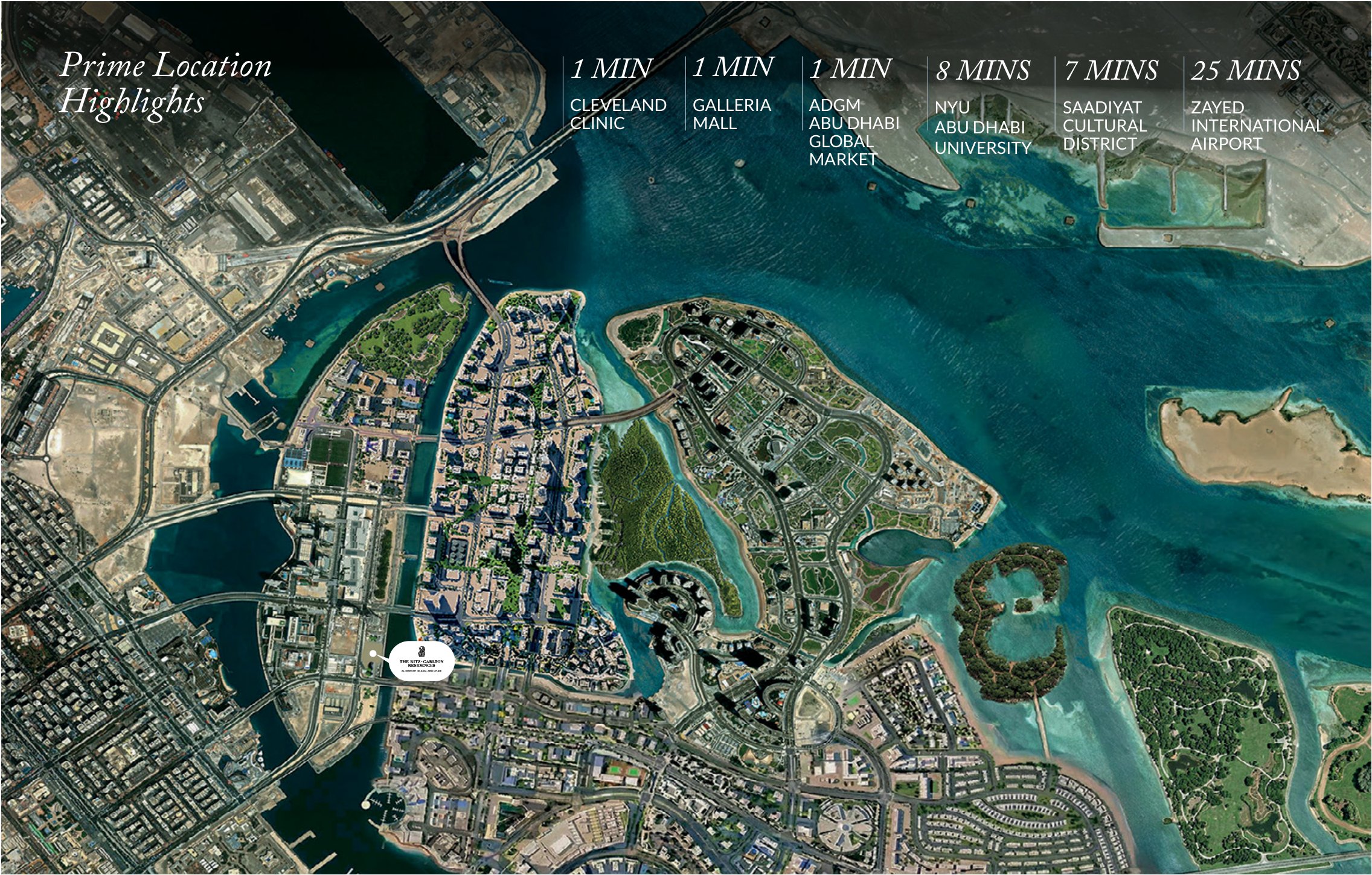 SAAS Properties location map showing the tower on Al Maryah Island with drive times to Cleveland Clinic, The Galleria, ADGM, NYU Abu Dhabi, the Saadiyat Cultural District and Zayed International Airport