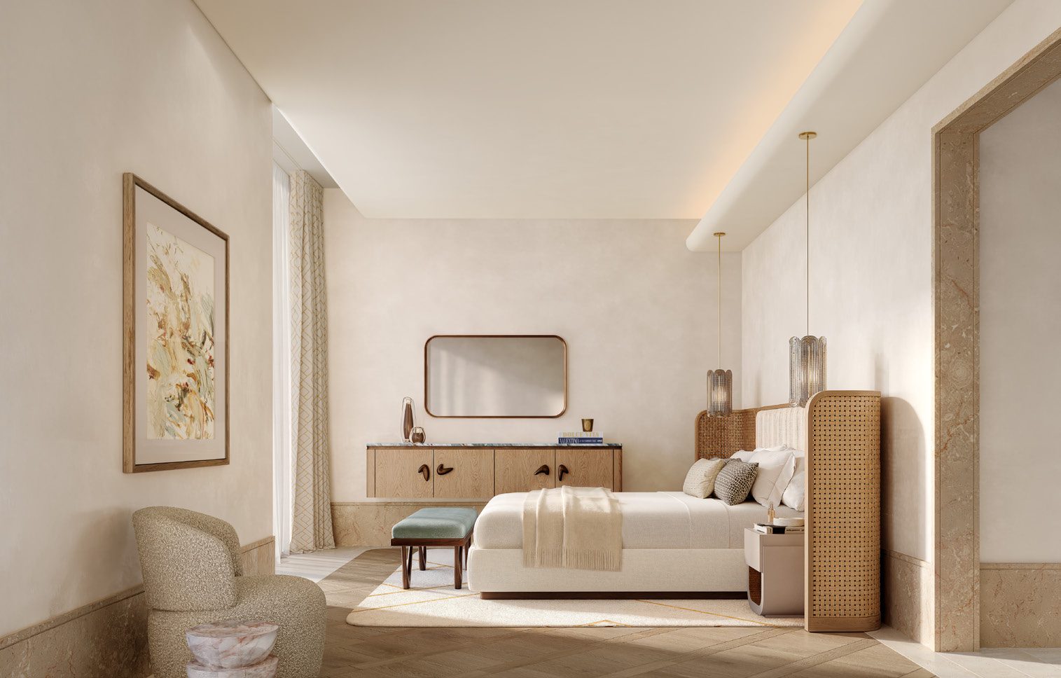 The master bedroom in soft neutral tones with a dressing table and terrace access
