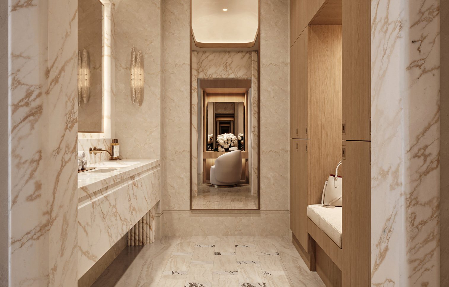 A marble-clad spa corridor leading to the wellness circuit