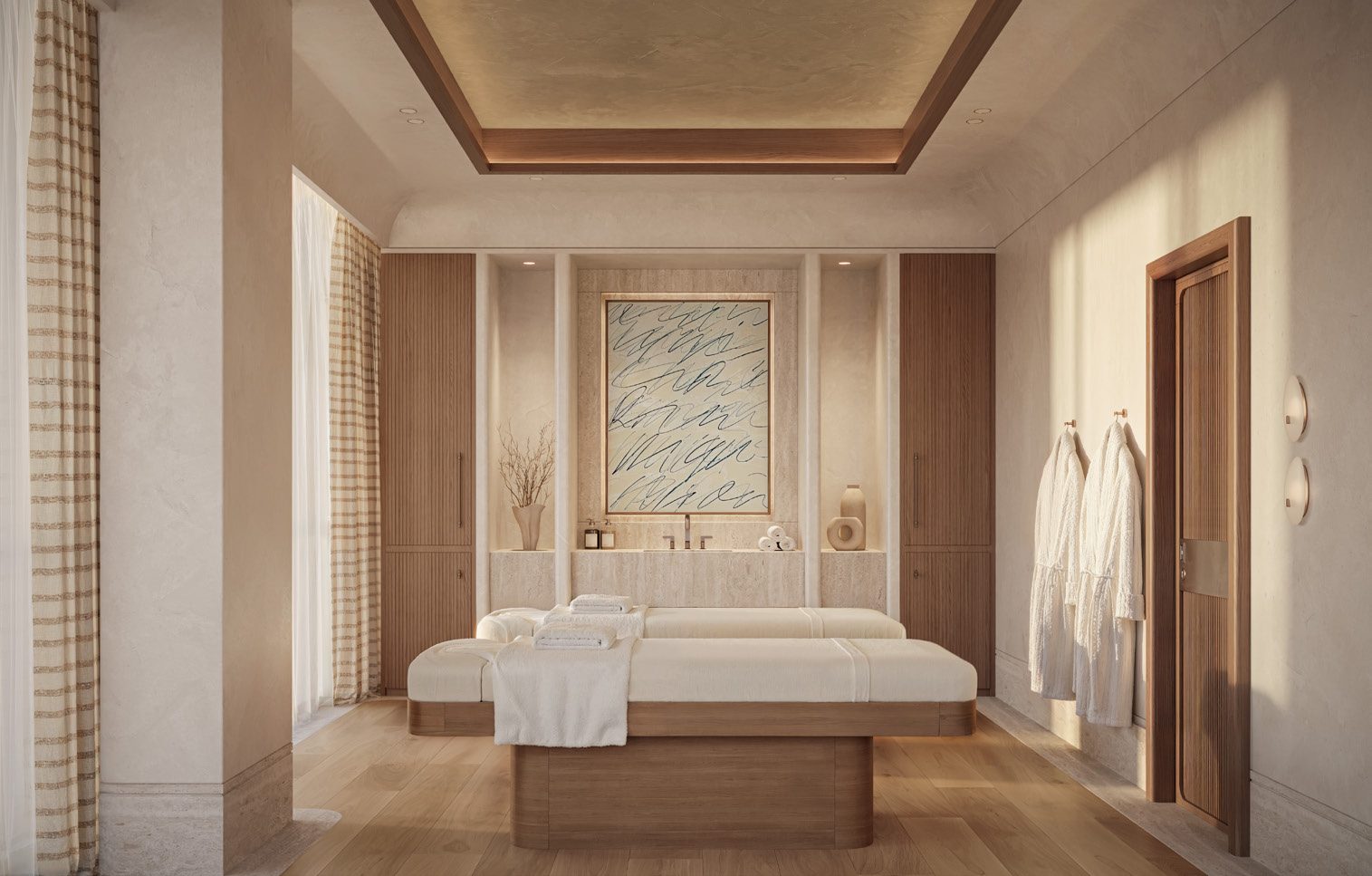A calm treatment room with a massage bed and timber panelling