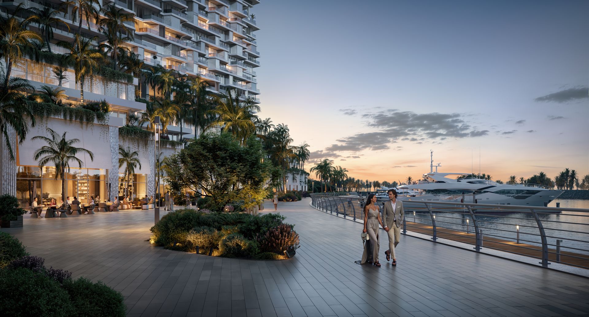 The waterfront promenade beside Riviera Residences at sunset