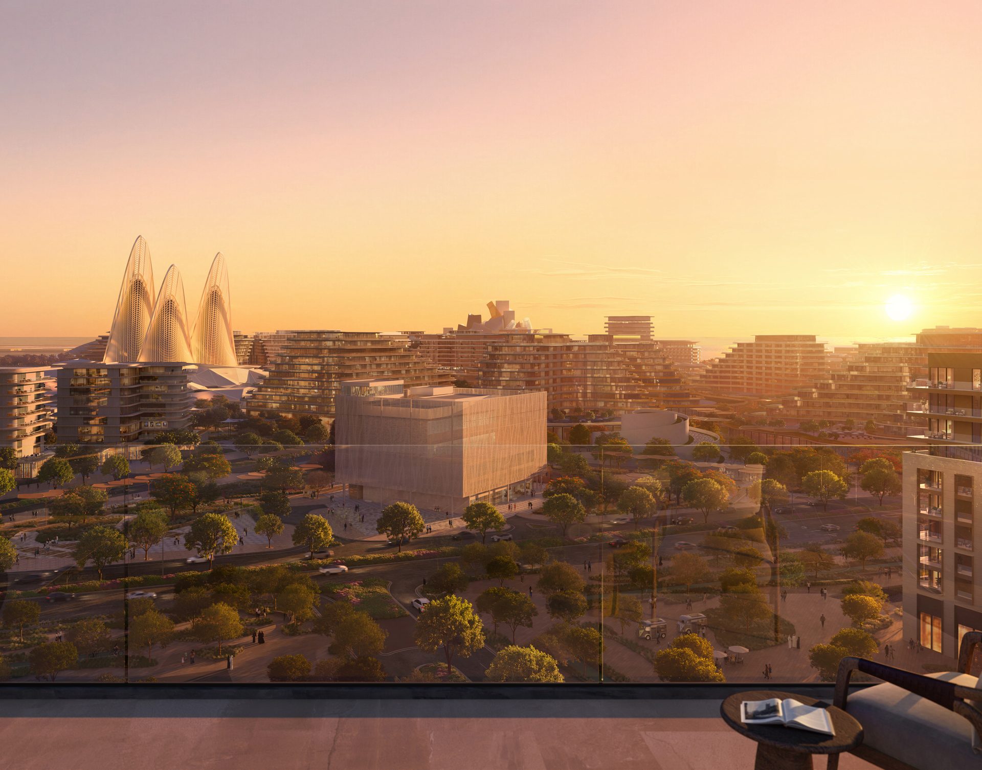 Sunset over Saadiyat Cultural District seen from a terrace