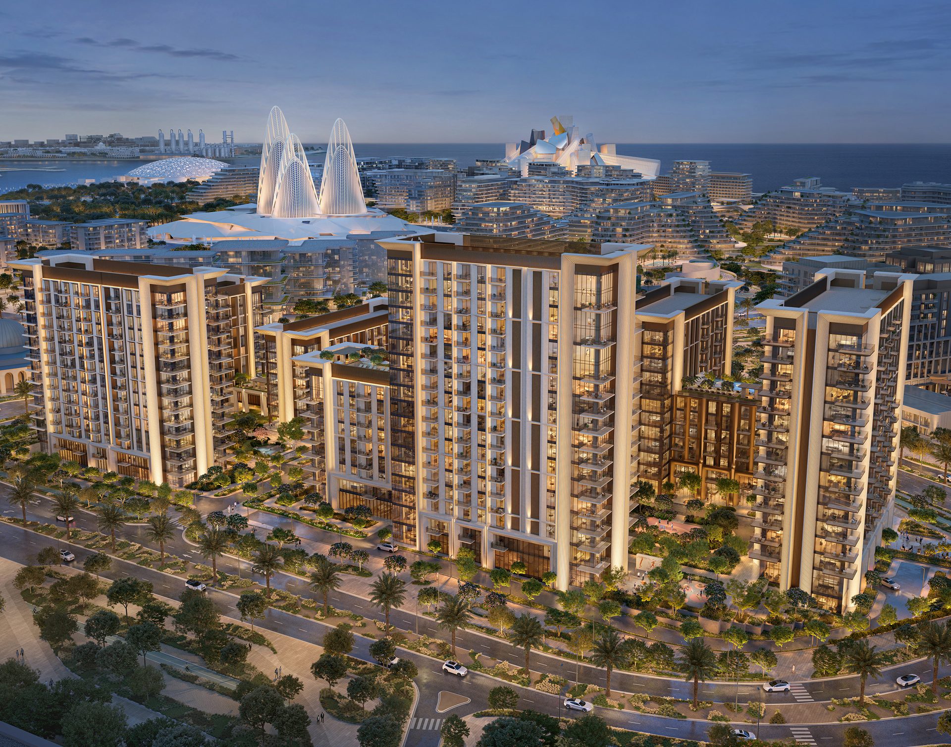Sei Saadiyat seen from above, with Saadiyat Cultural District and the Arabian Gulf behind