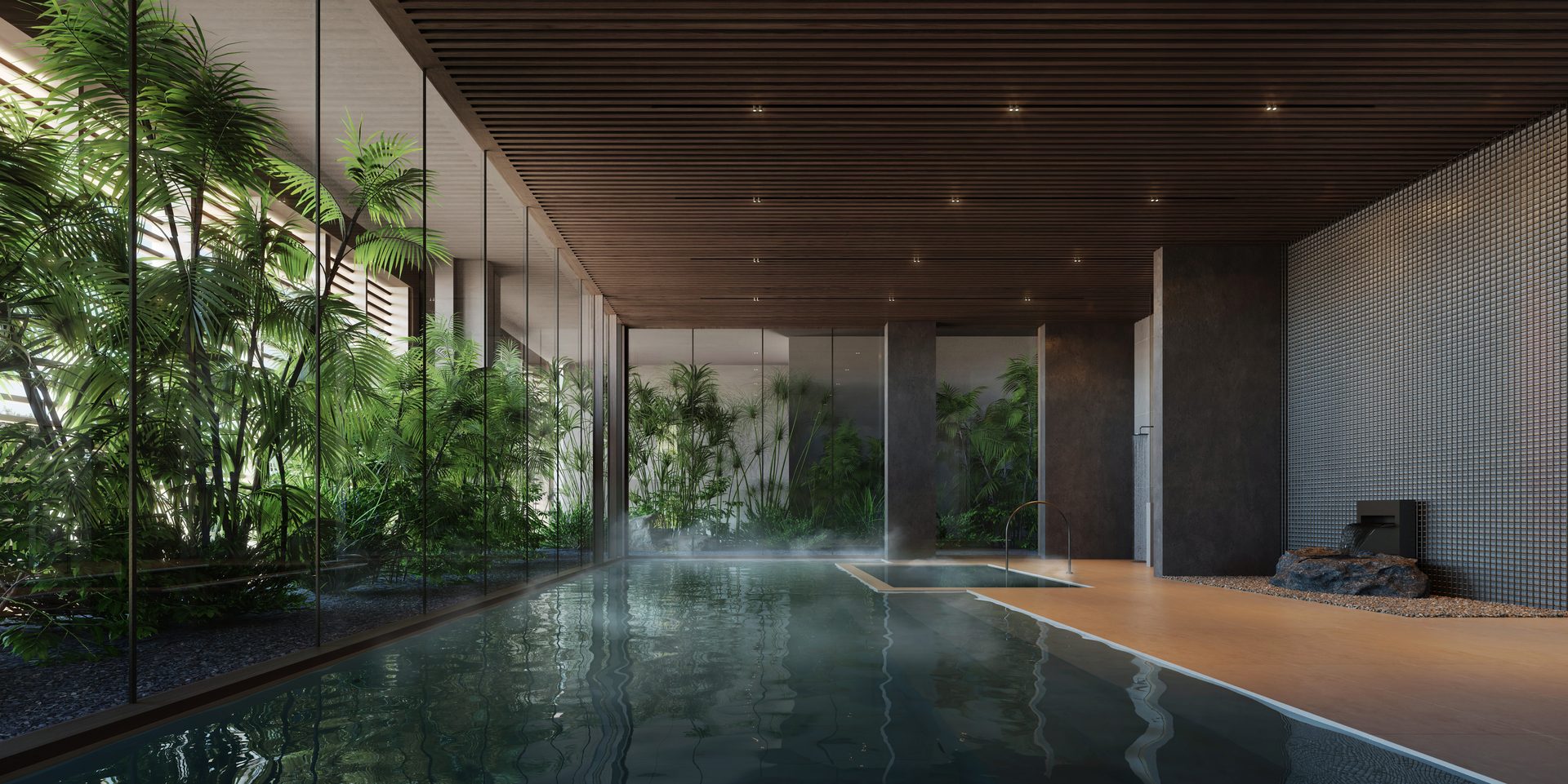 Indoor pool surrounded by planting