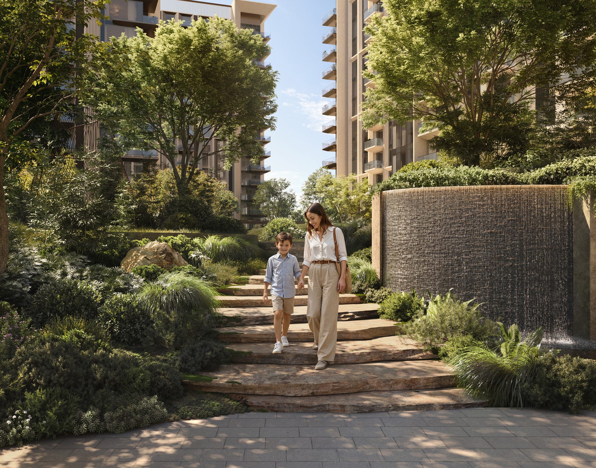 Planted walkway and steps between the buildings at Sei Saadiyat