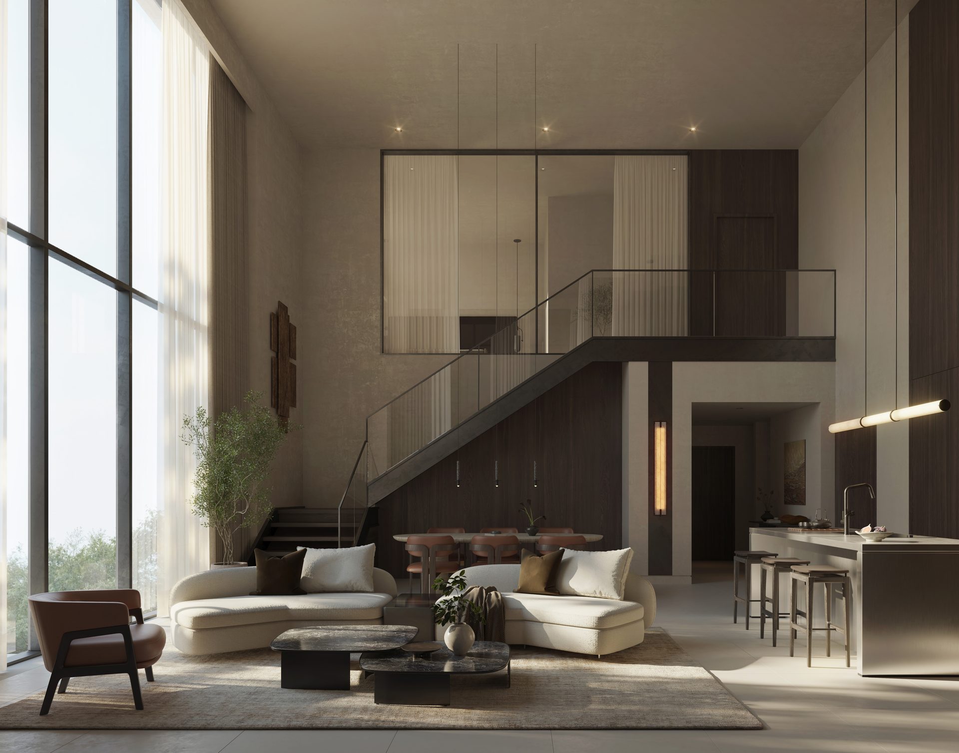 Double-height living area in a Kanso Loft at Sei Saadiyat