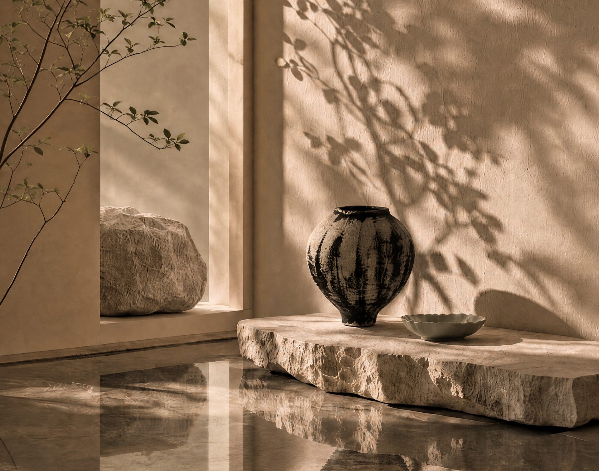 Stone, water and planting in a quiet corner of Sei Saadiyat