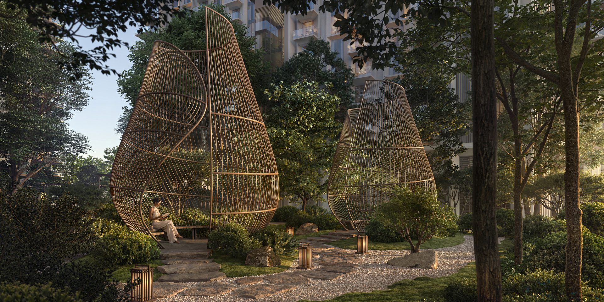 Pod garden with woven pavilions among the planting