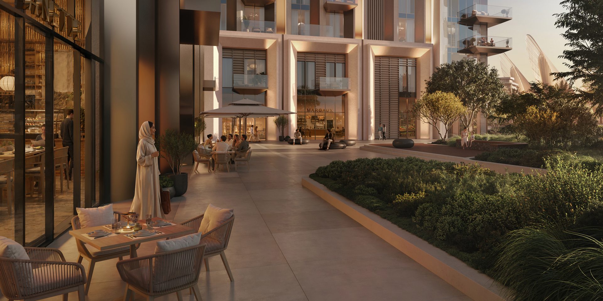 Ground-level retail and dining at Sei Saadiyat