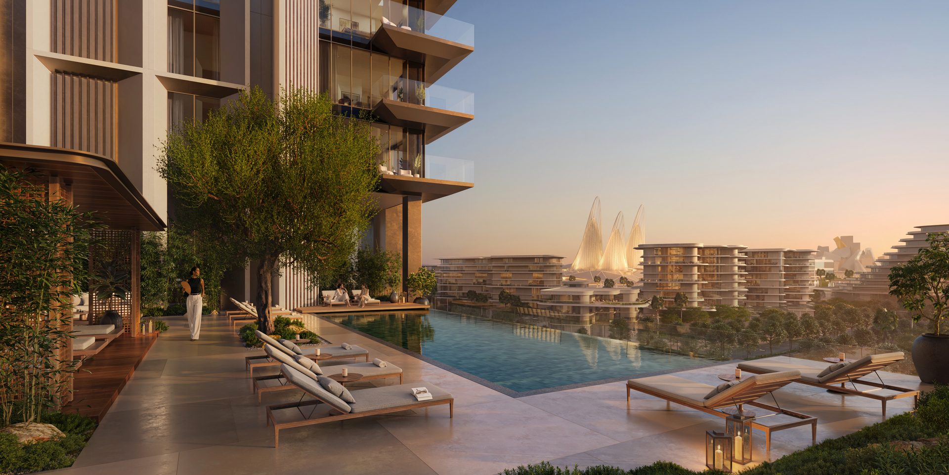 Rooftop pool at Sei Saadiyat looking across to the Cultural District