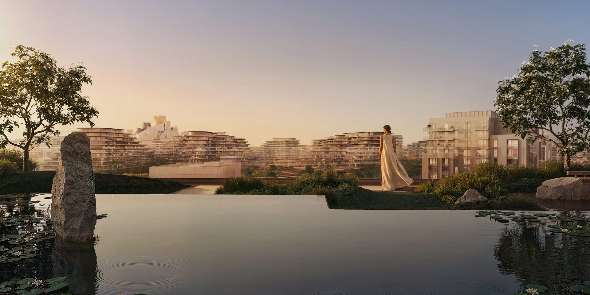 Zen garden and serenity pool at Sei Saadiyat