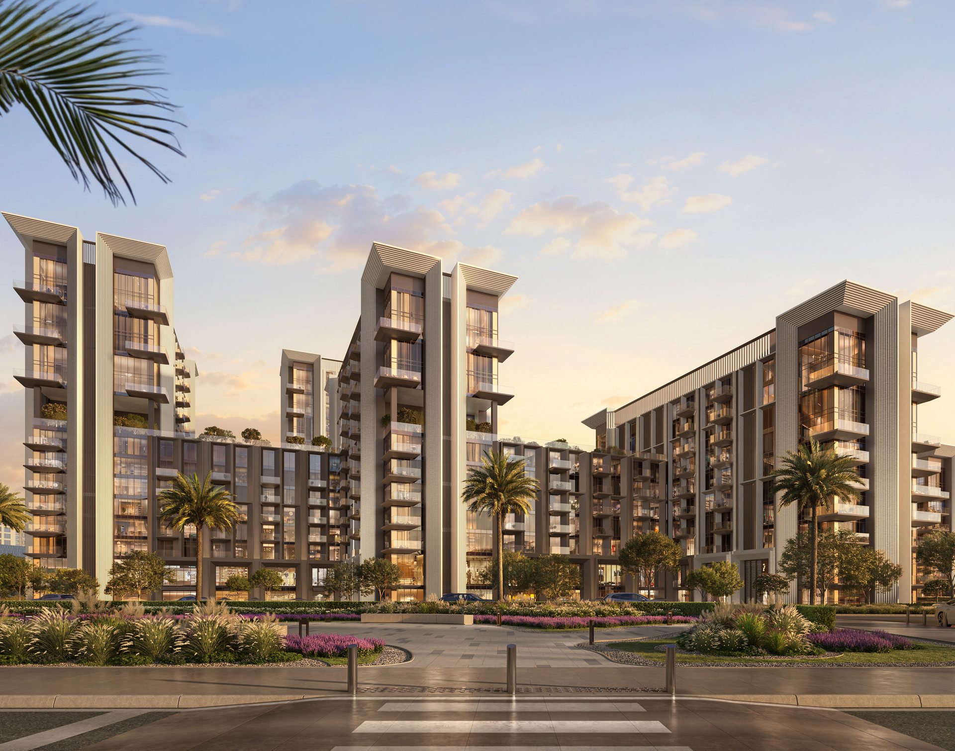 Sei Saadiyat towers at dusk seen from the street