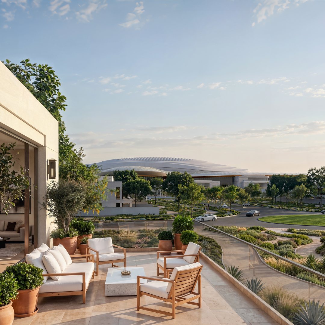 A villa terrace at Wadeem Gardens with planting and seating, looking across the community towards the arena