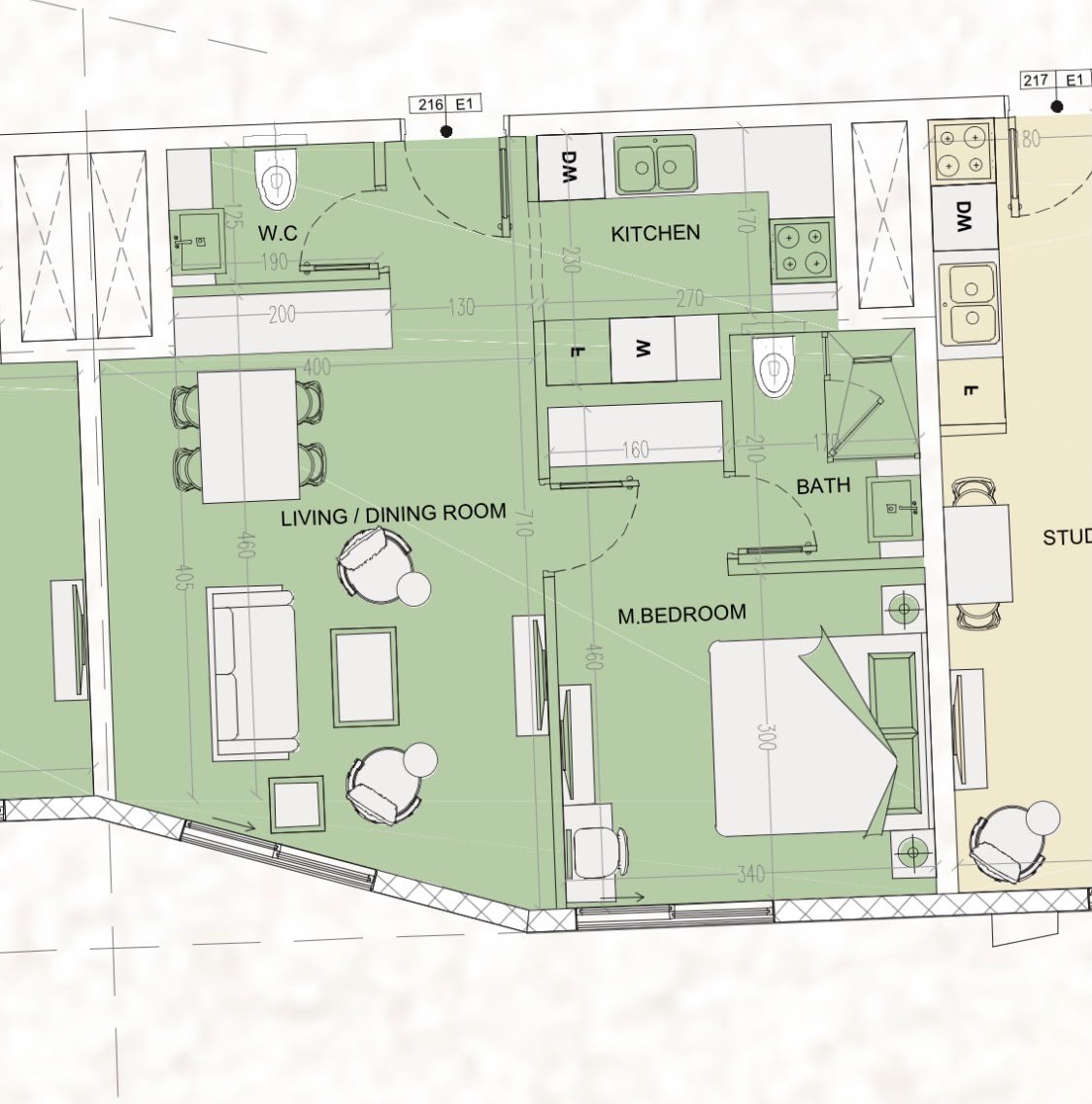 One-bedroom floor plan, unit 216