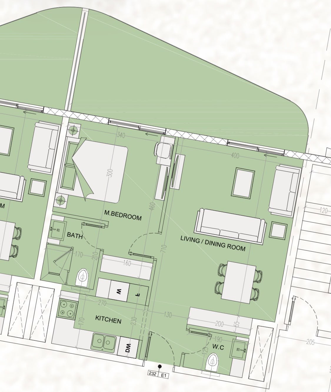 One-bedroom floor plan, unit 232