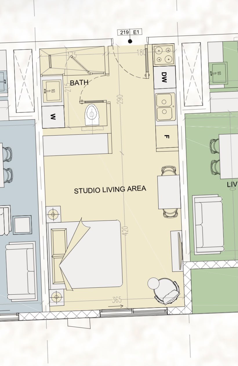 Studio floor plan, unit 219