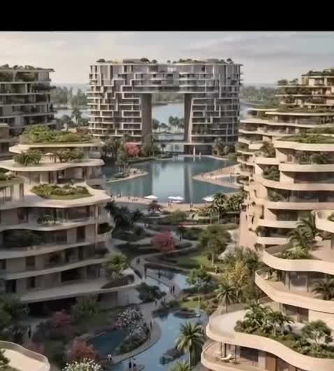 Lagoon and terraced buildings