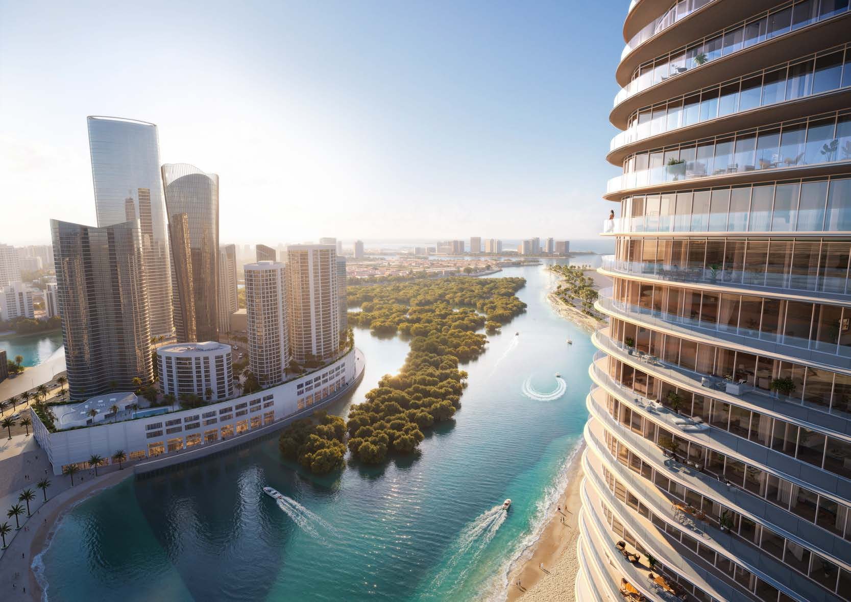 Waterfront by Missoni from above the mangrove canal, the Al Reem towers behind