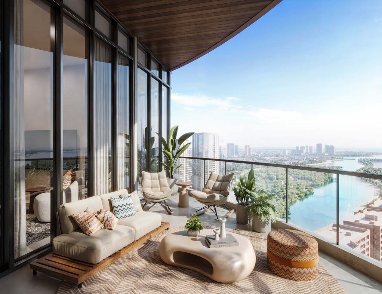 A balcony lounge at Waterfront by Missoni overlooking the mangrove canal