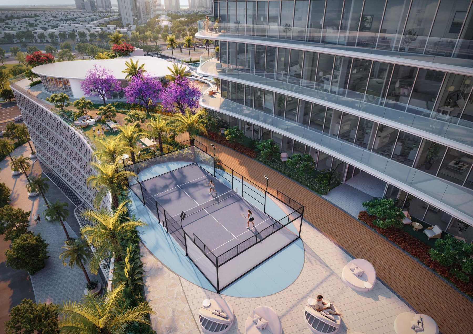 Aerial view of the padel court on the podium of Waterfront by Missoni