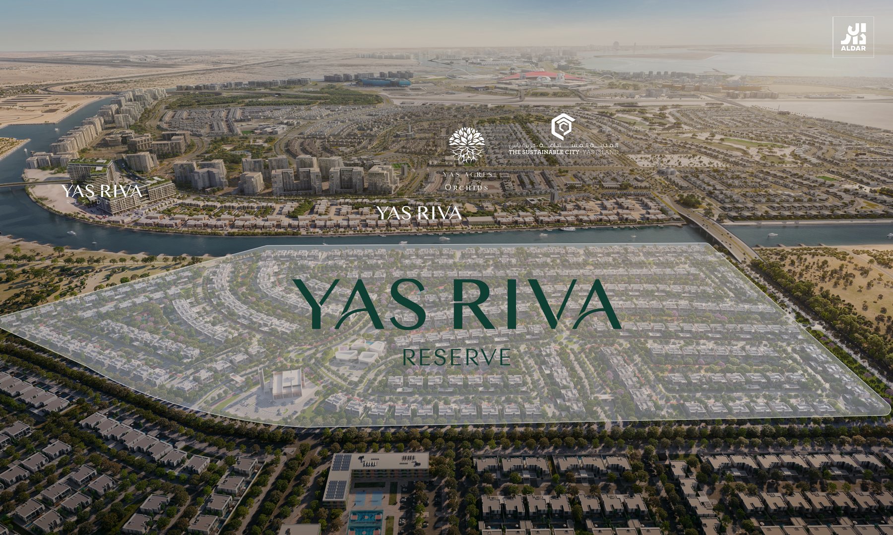 Aerial render of Yas Riva Reserve: villa rows along the canal at the edge of Yas Island