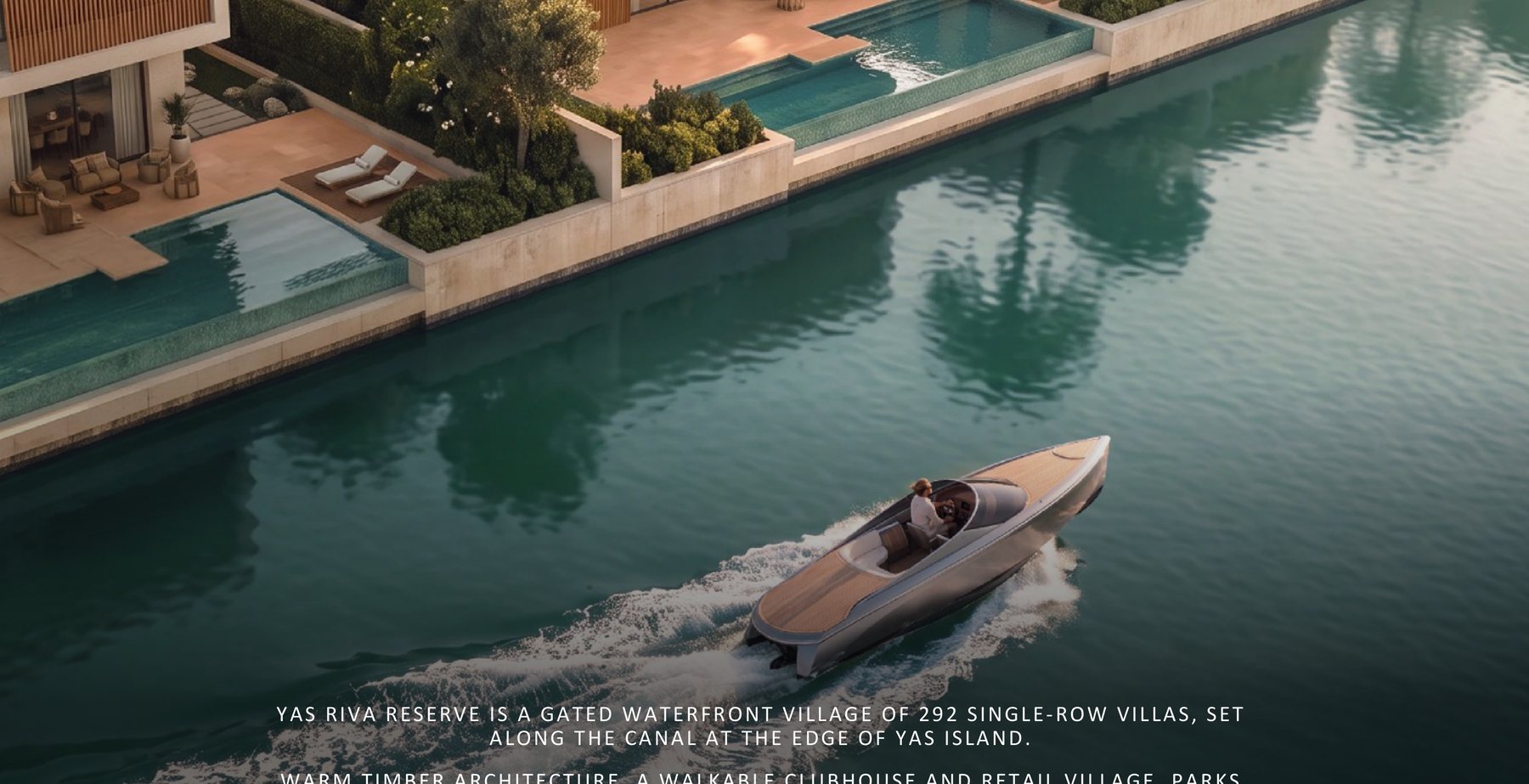 A boat on the canal at Yas Riva Reserve, with villas and swimming pools along the waterfront