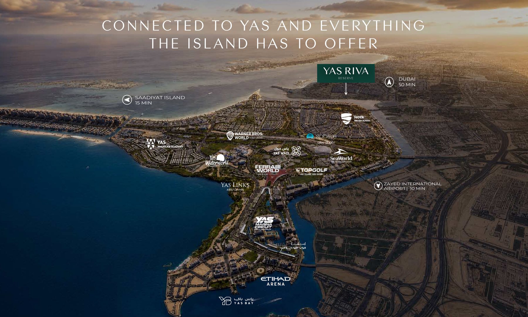 Aldar's location map showing Yas Riva Reserve on the canal at the edge of Yas Island