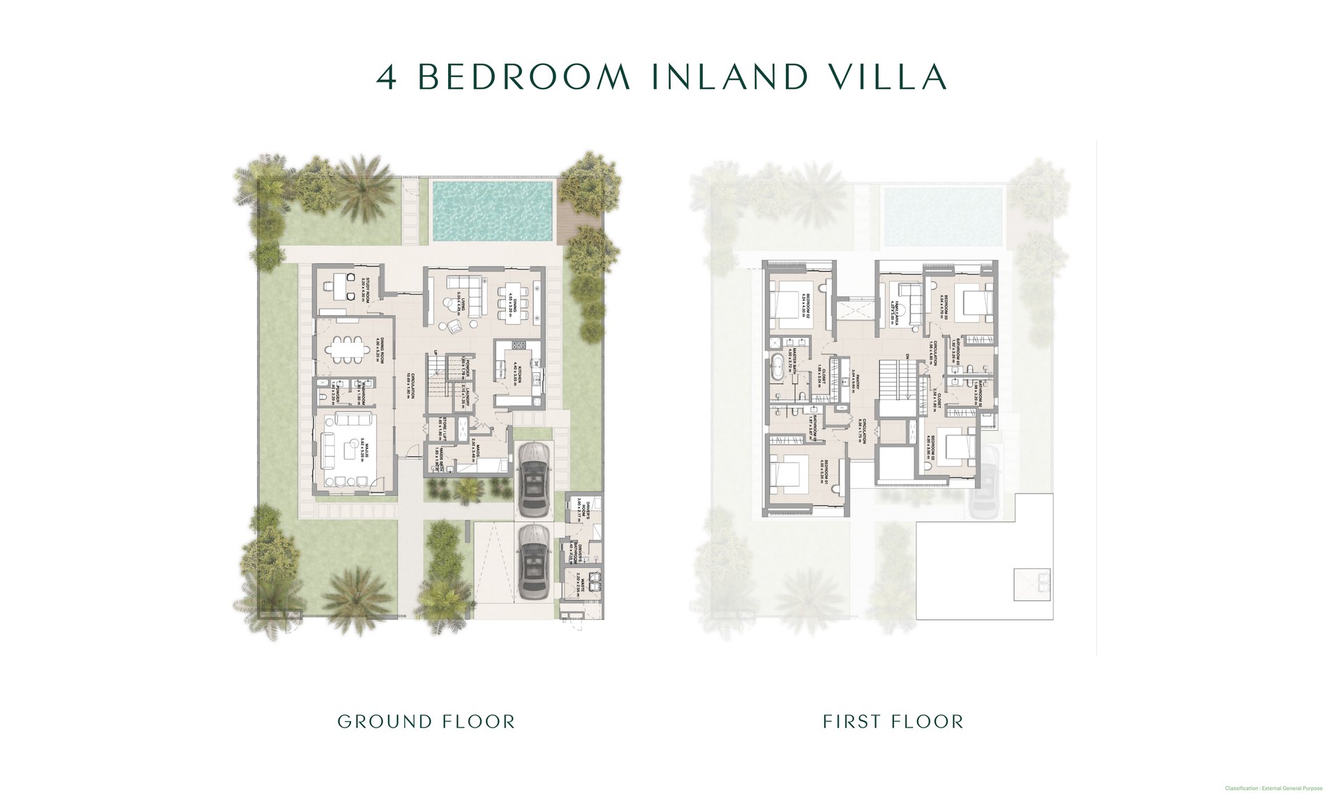 Four-bedroom inland villa floor plan at Yas Riva Reserve: ground floor and first floor