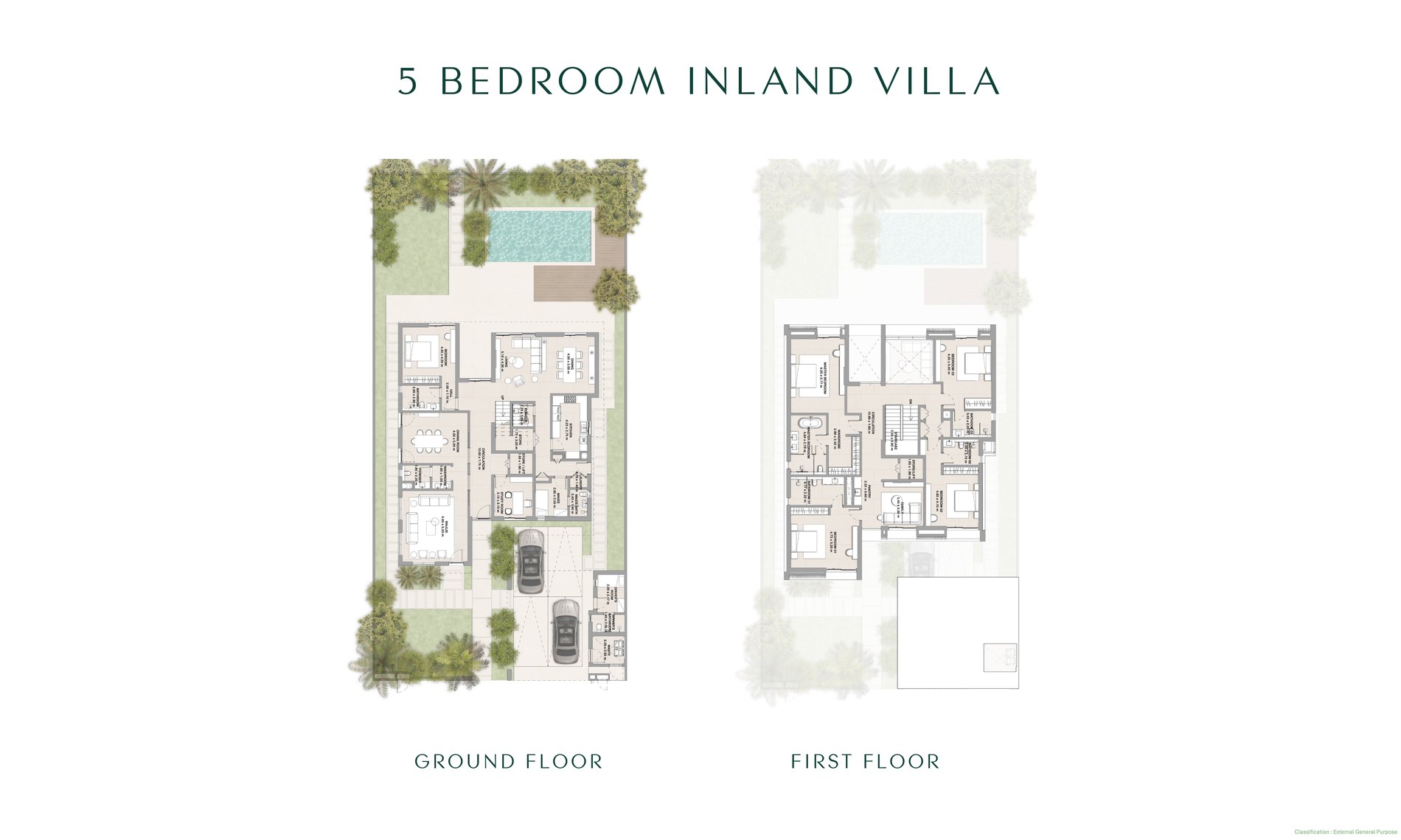Five-bedroom inland villa floor plan at Yas Riva Reserve: ground floor and first floor